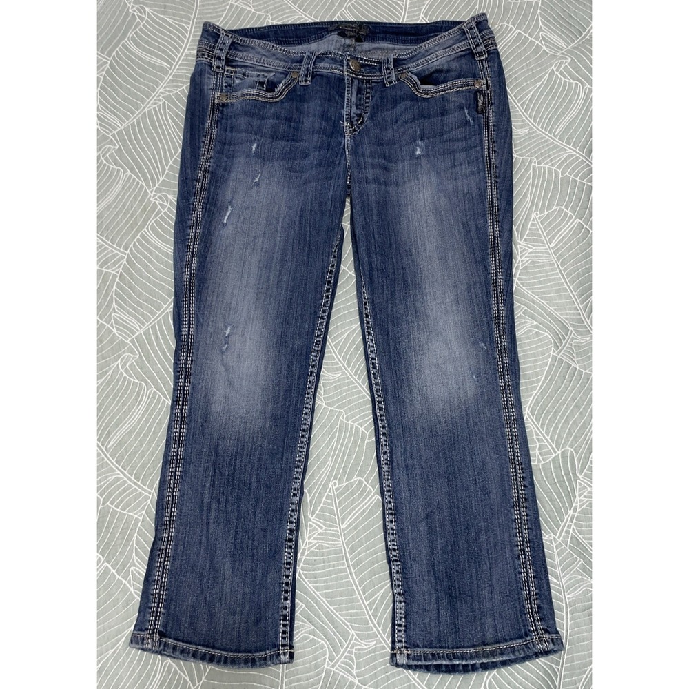 Silver Jeans Twisted Capri Women Distressed Denim Crop Pants Embroidered Size 16